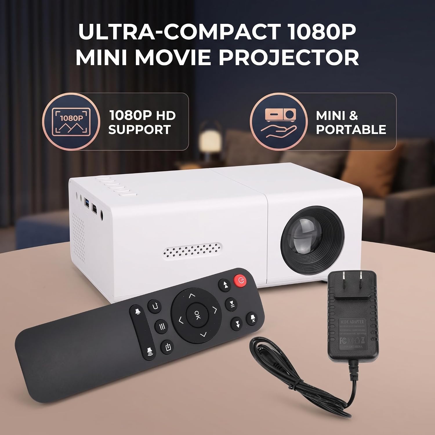 1080P Portable Projector 6000lm Auto Keystone Correction Home Theater | Portable 1080P projector with auto keystone correction, USB and HDMI ports for home theater, camping and movies.