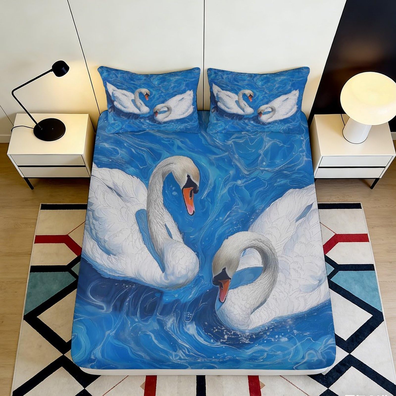 Pnayamiorkfel Style-3 3D Printed Swan Lake Fitted Sheet Microfiber Soft Blue Water Mattress Cover Bedroom Decor Mattress Protector 90X200x25cm
