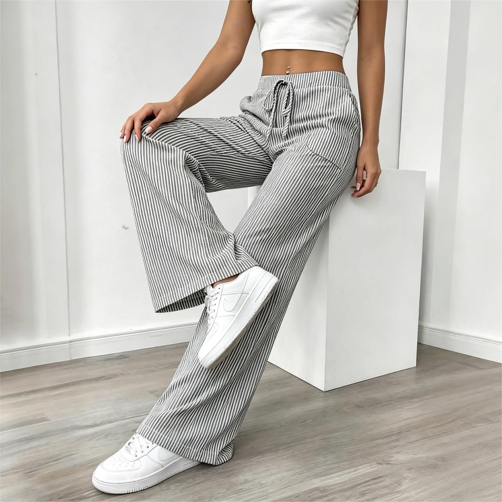 Sommerhose Damen Leicht Gestreift Palazzo Hose Lang Weites Bein Freizeithose Elastische Taille Lounge Hose mit Taschen