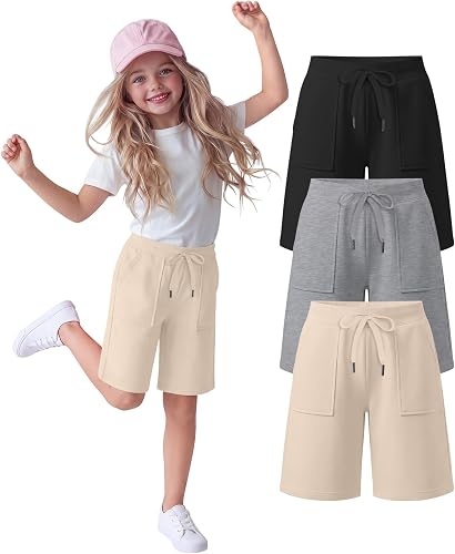 Langyiwee 3 Pack Girls Knee Length Bermuda Shorts, 3-Color, 11-12 Years