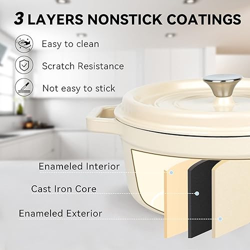 Miniatura 3 de Miereirl Olla Holandesa Esmaltada de 6.5 Cuartos con Tapa, Olla Holandesa de Hierro Fundido con Asas Dobles para Hornear Pan, Cocinar, Utensilios de