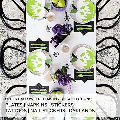 Miniatura 3 de Poison Apple - Platos de postre de Halloween, platos de papel verde brillante con lámina blanca, paquete de 8 platos de fiesta, platos de cumpleaños