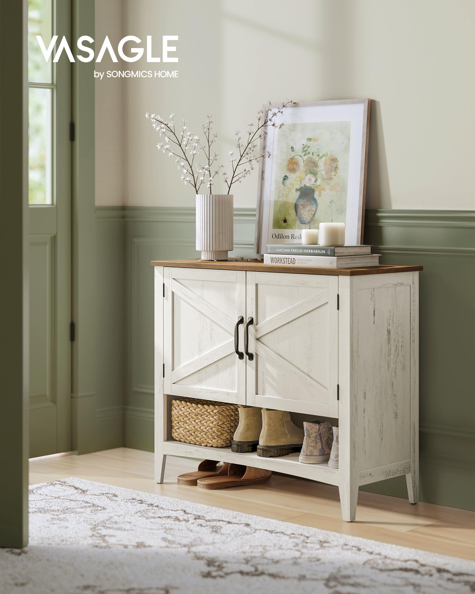 VASAGLE LIRY Collezione - Mobiletto Porta Scarpe, Scarpiera a 3 Livelli, Stile Tradizionale Americano, con Ripiano Regolabile, Manici, Gambe Robuste, Ingresso, Bianco Vintage LBC038W01