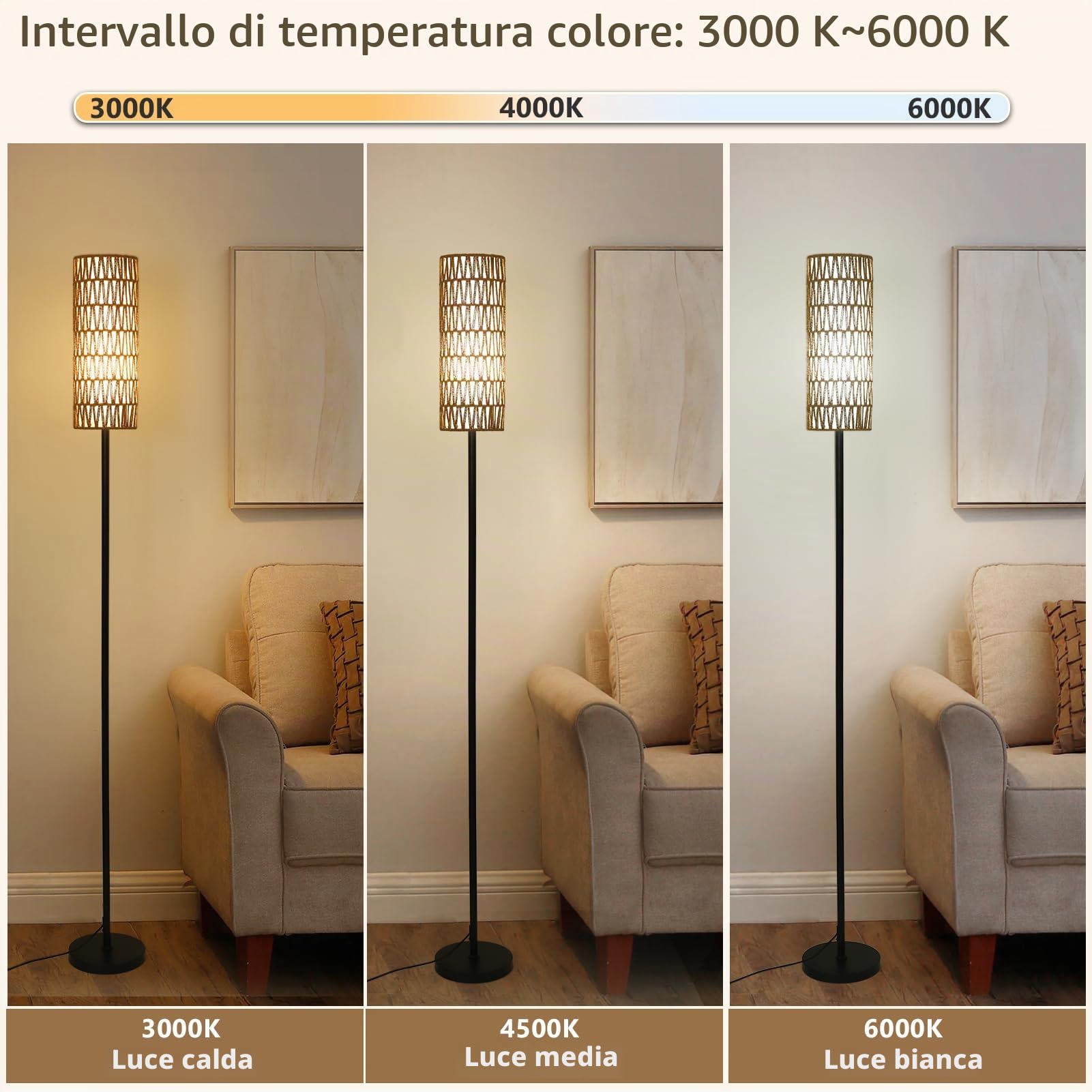 Rayofly Lampada da Terra in Rattan per Soggiorno, Dimmerabile con Telecomando e App di Controllo, Boho con Paralume in Rattan e Lino, Lampadina Inclusa