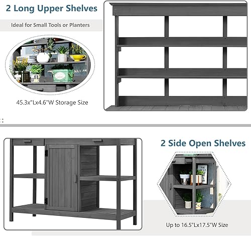 Miniatura 6 de Mesa Grande para Macetas de Exterior de 66" con 2 Cajones, Gabinete, Estantes Abiertos, Banco de Madera para Macetas para Jardín, Patio, Casa de