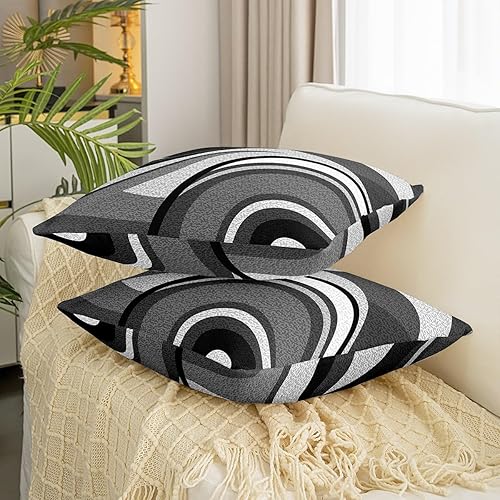 Miniatura 3 de Feelyou Juego de 4 fundas de almohada geométricas reversibles para exteriores de 18 x 18 pulgadas, diseño geométrico de rayas negras y grises, juego