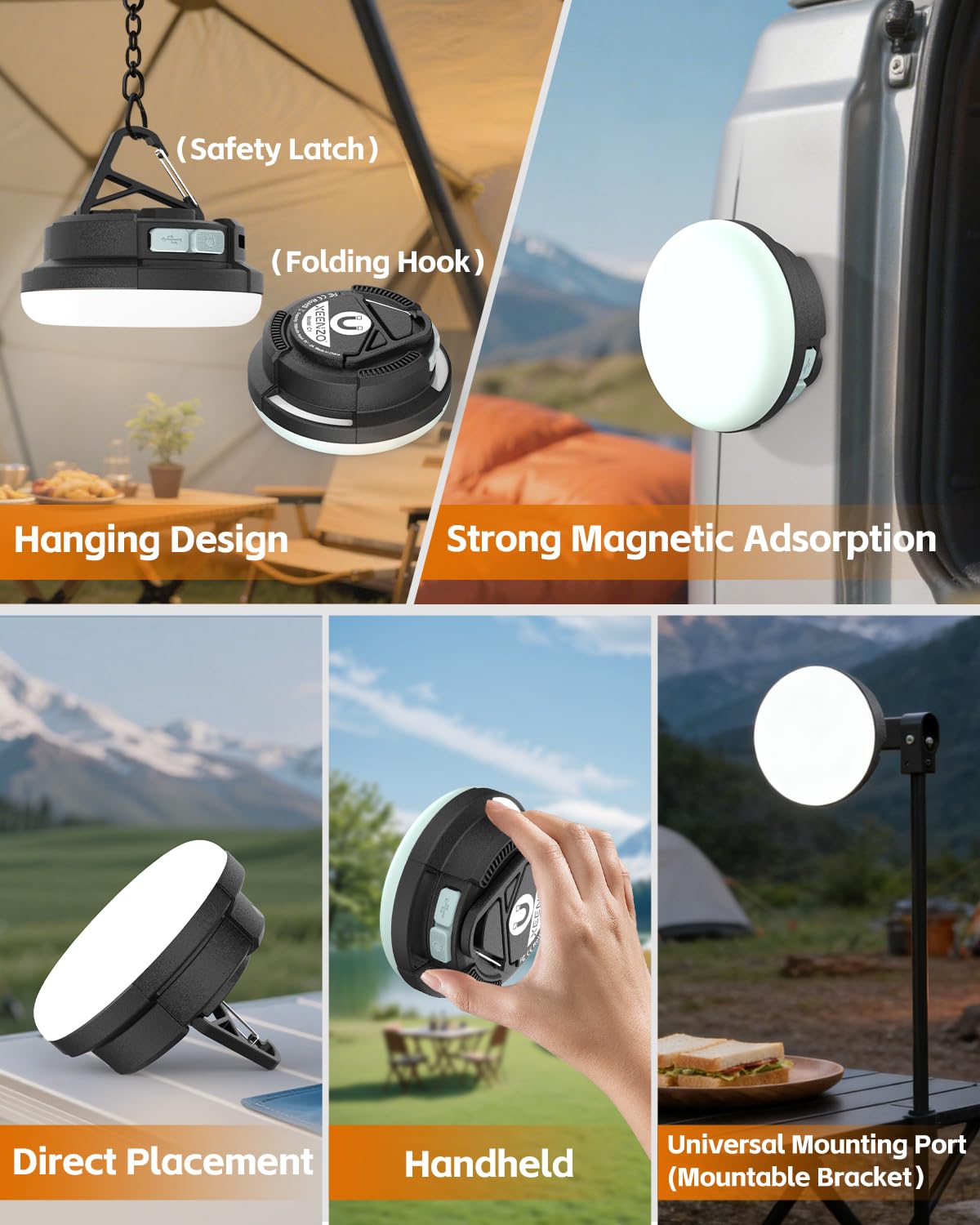 Lanterna da campeggio ricaricabile a LED, luci da campeggio portatili con 6 modalità, luce magnetica da appendere, luce di emergenza impermeabile IPX5 per interruzioni di corrente, uragani