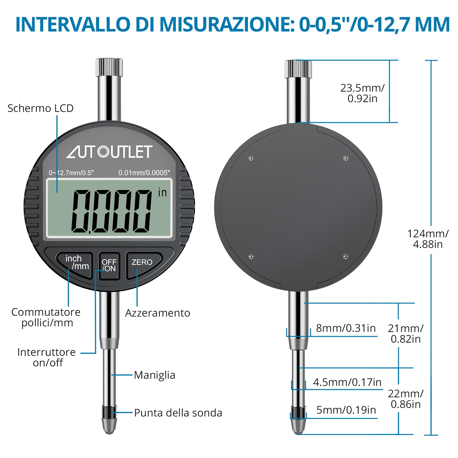 AUTOUTLET Comparatore Elettronico 50-160 mm,Comparatore Digitale 0,01 mm Misurazione a Due Punti Include 12 Testine Intercambiabili per Ingegneria Meccanica Manutenzione Auto,Kit Alesametro Digitale