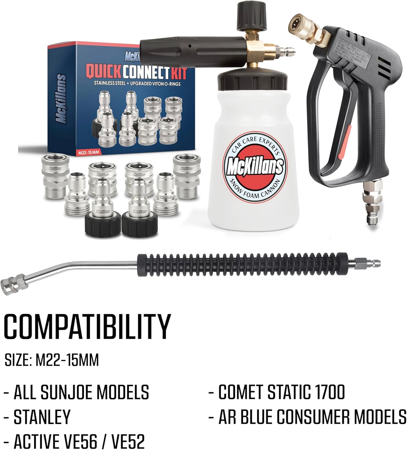 McKillans Pressure Washer Upgrade Kit: Swivel Gun + Rinsing Wand + Wide Mouth Foam Cannon + Stainless Quick Connect Kit (M22-15mm)