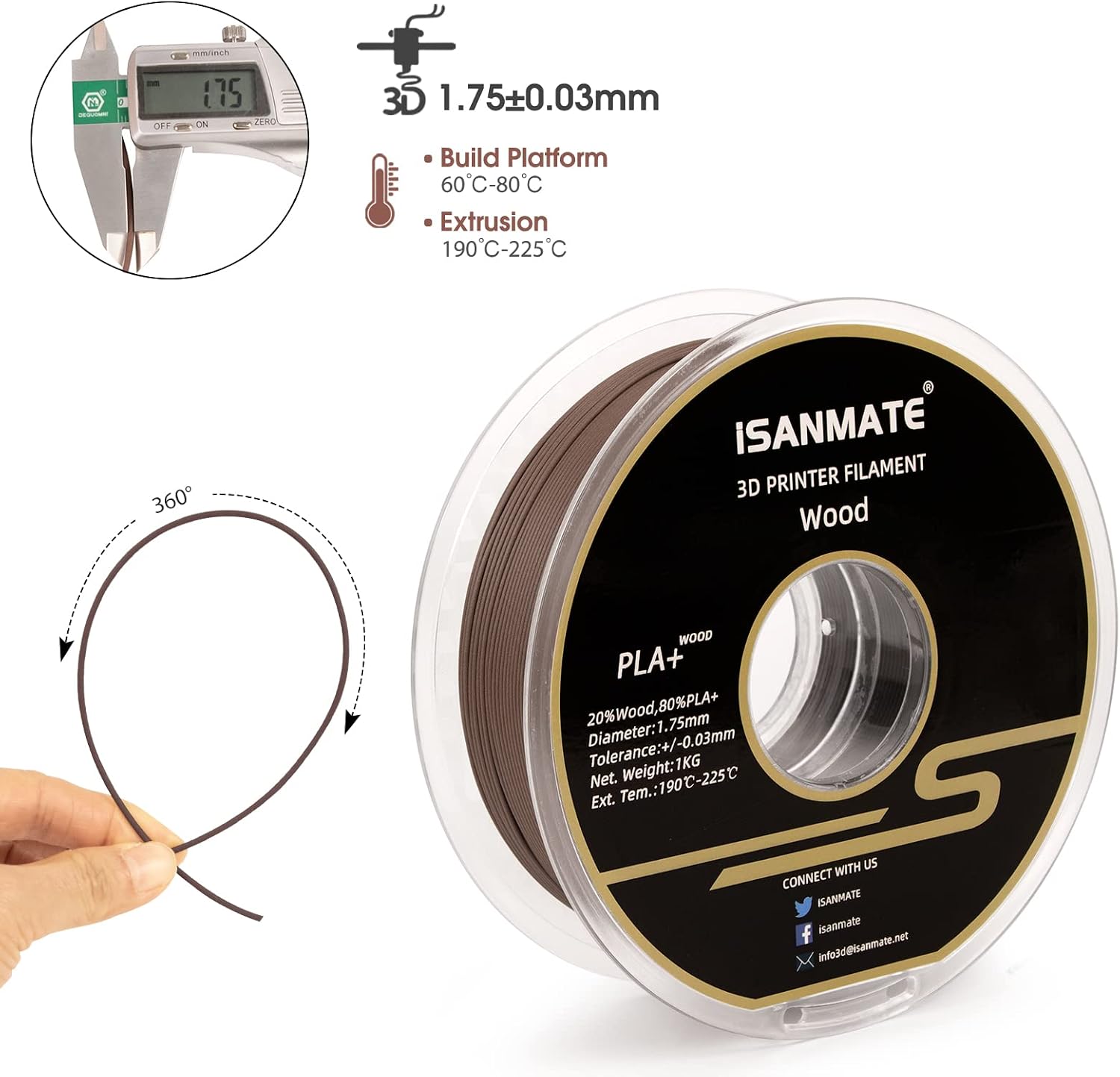 iSANMATE Sandal Wood PLA+ Filament, 1.75mm, 1kg Spool, +/- 0.03mm Accuracy (20% Wood Powder+80% PLA+), Wood Sandal, PLA Wood - Image 3
