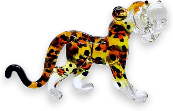 ChangThai Design Miniature Hand Blown Glass Roaring Leopard Figurine 1 1/8" H Yellow Black Spotted Wild Cat Statue Art Animal Collectible Tabletop Decor Fairy Garden Terrarium Accessory Gifts