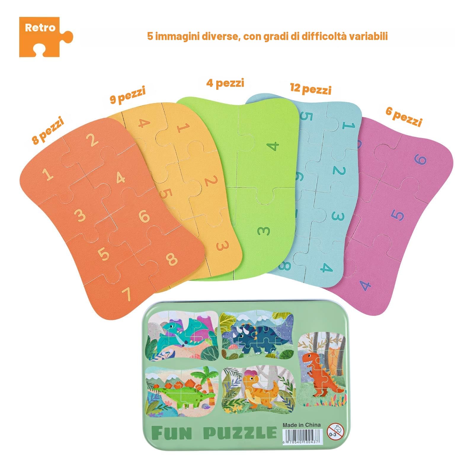 BBLIKE Puzzle per bambini, puzzle dinosauro per bambini, 5 immagini puzzle, adatto per ragazzi e ragazze, puzzle in legno a partire dai 3 ai 4 e 5 anni (dinosauro)
