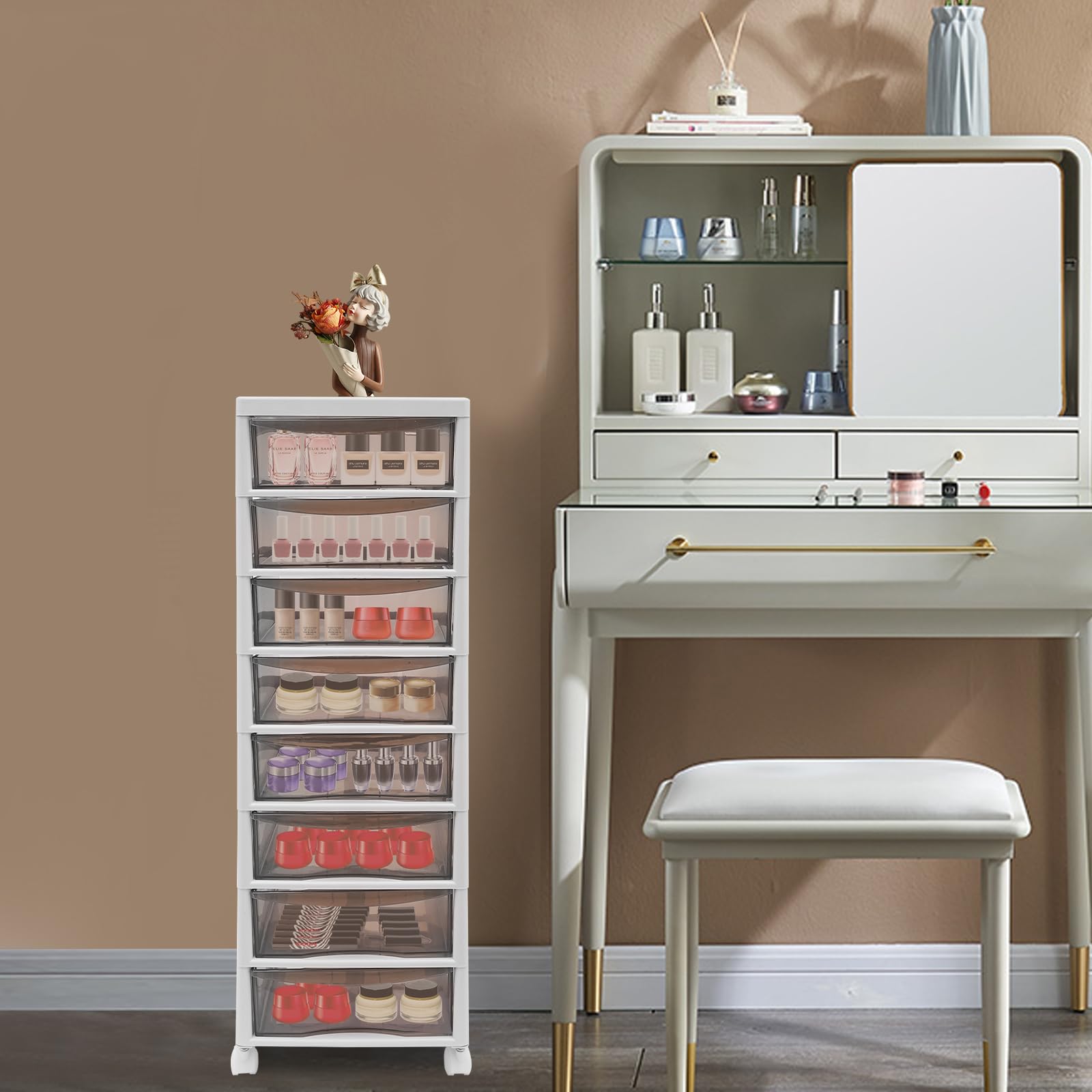 Cassettiera Salvaspazio 8 Cassetti Trasparenti, Carrello Organizer in PP con 4 Ruote, Mobile Portaoggetti per Bagno e Camera, Struttura Robusta, Multiuso e Capiente, Khaki