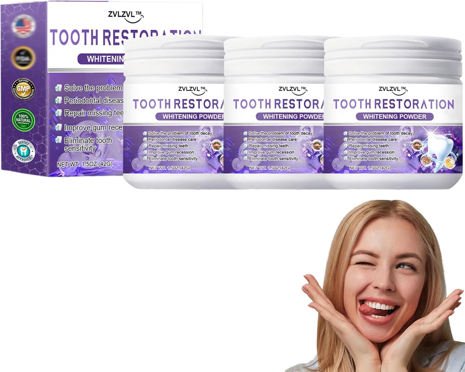 TeethRestoration Mineral Powder, Tooth Restoration Powder, ZVLZVL Natural Teeth Restoration Powder, Professional Oral Care, Protect Gums and Freshen Breat (3 Bottle)