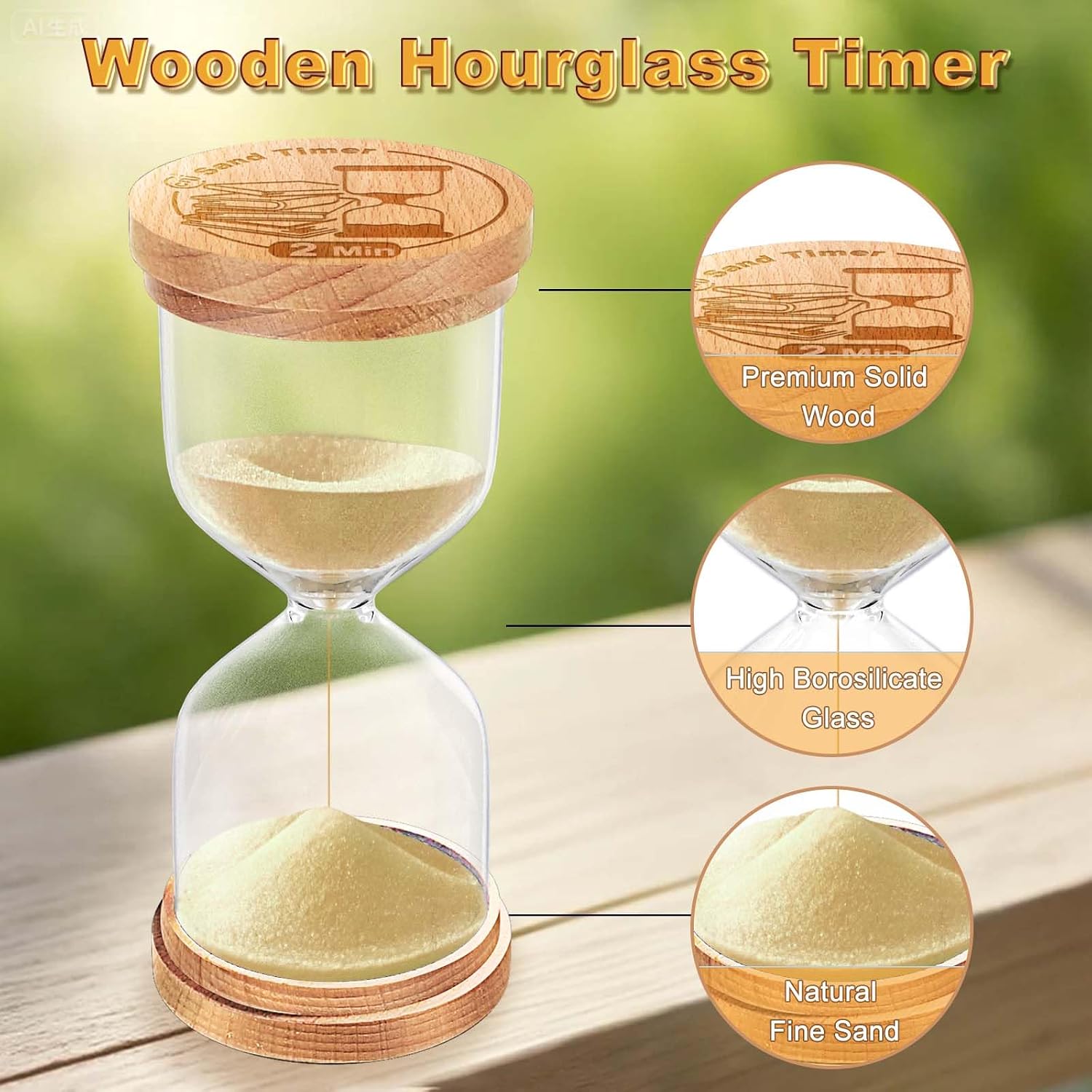 CNCJ 10 Minute Wooden Sand Timer, Hourglass Light Gold Small Sand Watch for Desk Decor Kitchen Classroom Office Study Home Decoration image 2