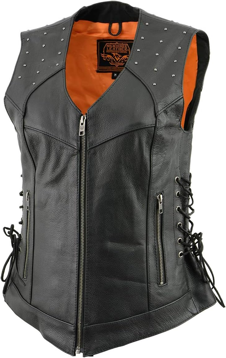 Milwaukee Leather MLL4504 Women's Classic Black Leather V-Neck Riveted Motorcycle Rider Vest with Side Lace - X-Small