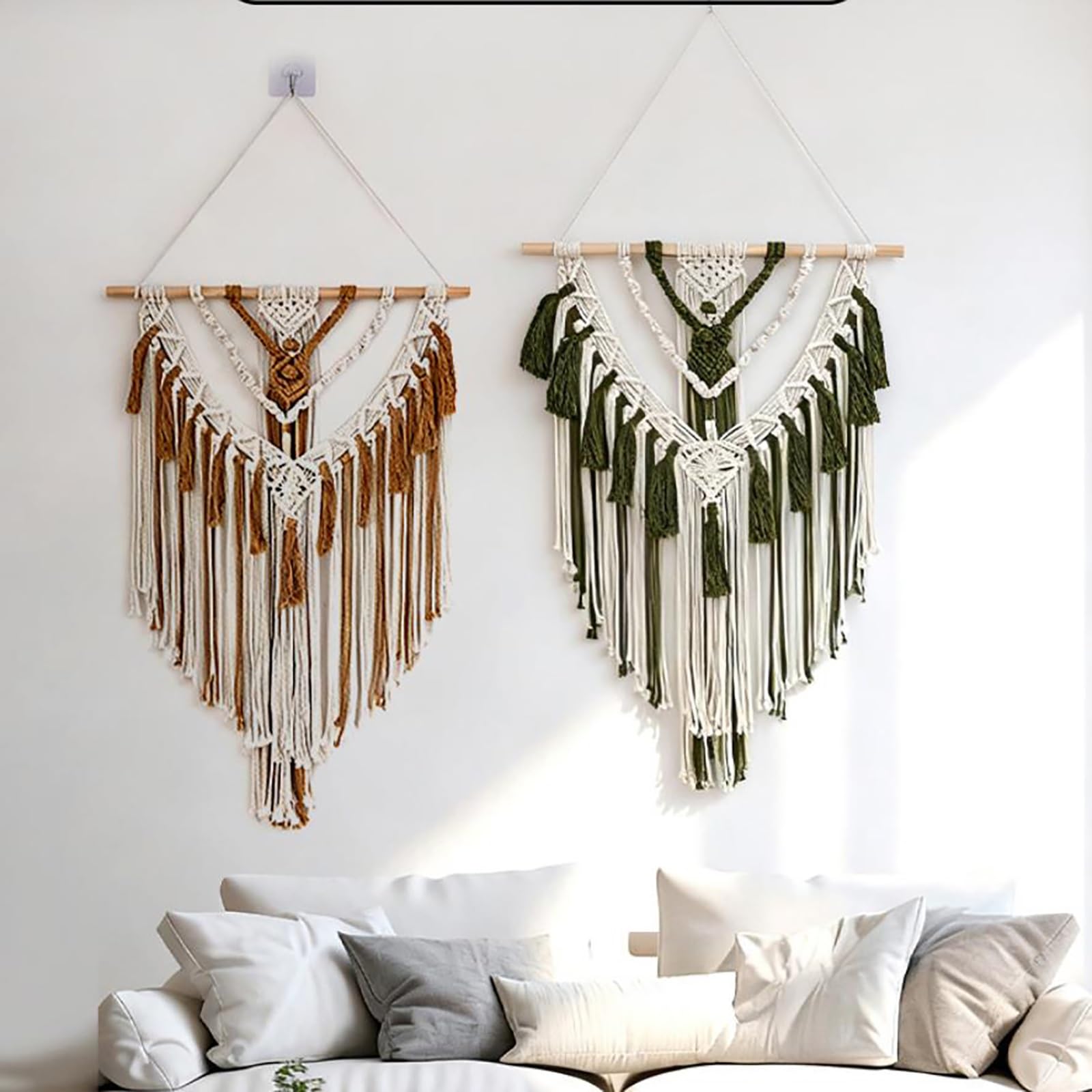 TaLcuS Dekoracja ścienna w stylu boho, makrama, liście i pióra, ręcznie tkany gobelin, nowoczesna dekoracja domu boho szykowna ozdoba do sypialni, salonu, mieszkania (A2)