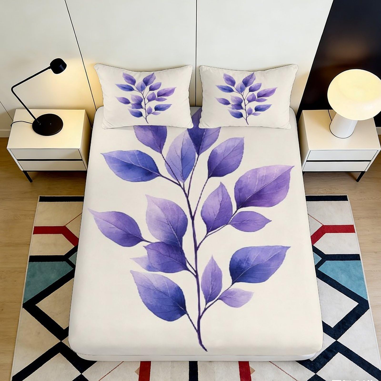3D Printed Leaf Pattern Fitted Sheet Microfiber Deep Pocket Non-Slip Leaf Mattress Fitted Cover Full Wrap Washable 200x200x25cm