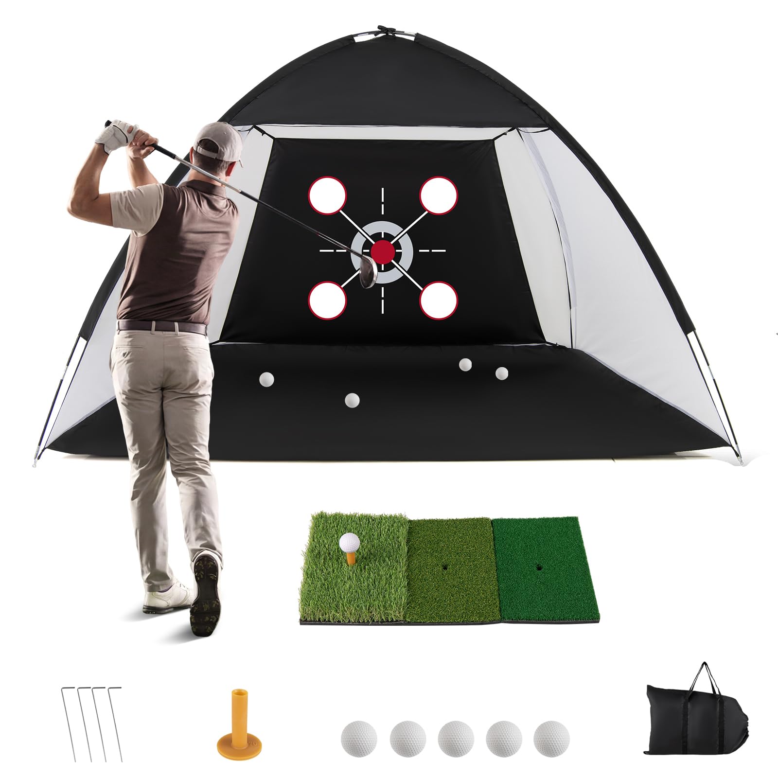 COSTWAY Golf Übungsnetz 300 x 200 cm, Golfnetz mit Schlagmatte, Zielscheibe, 5 Bällen & Tee, Chipping Trainingsnetze inkl. Tragetasche, tragbare Trainingshilfe Outdoor für Drinnen & Draußen