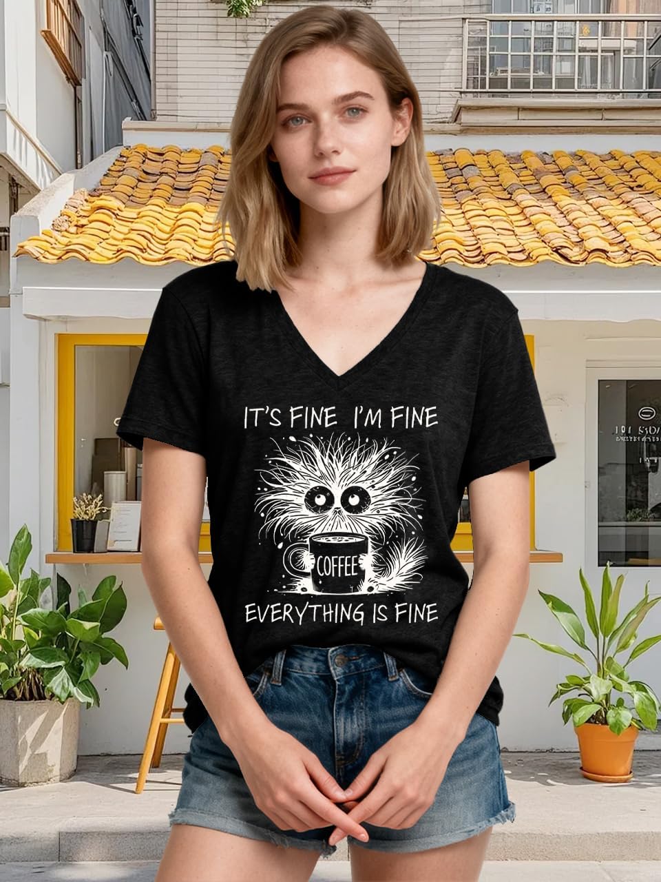 Women's I'm Fine Everything is Fine Short Sleeve Funny V Neck T Shirts Casual Cute Cat Graphic Tee Blouse Tops - Image 2