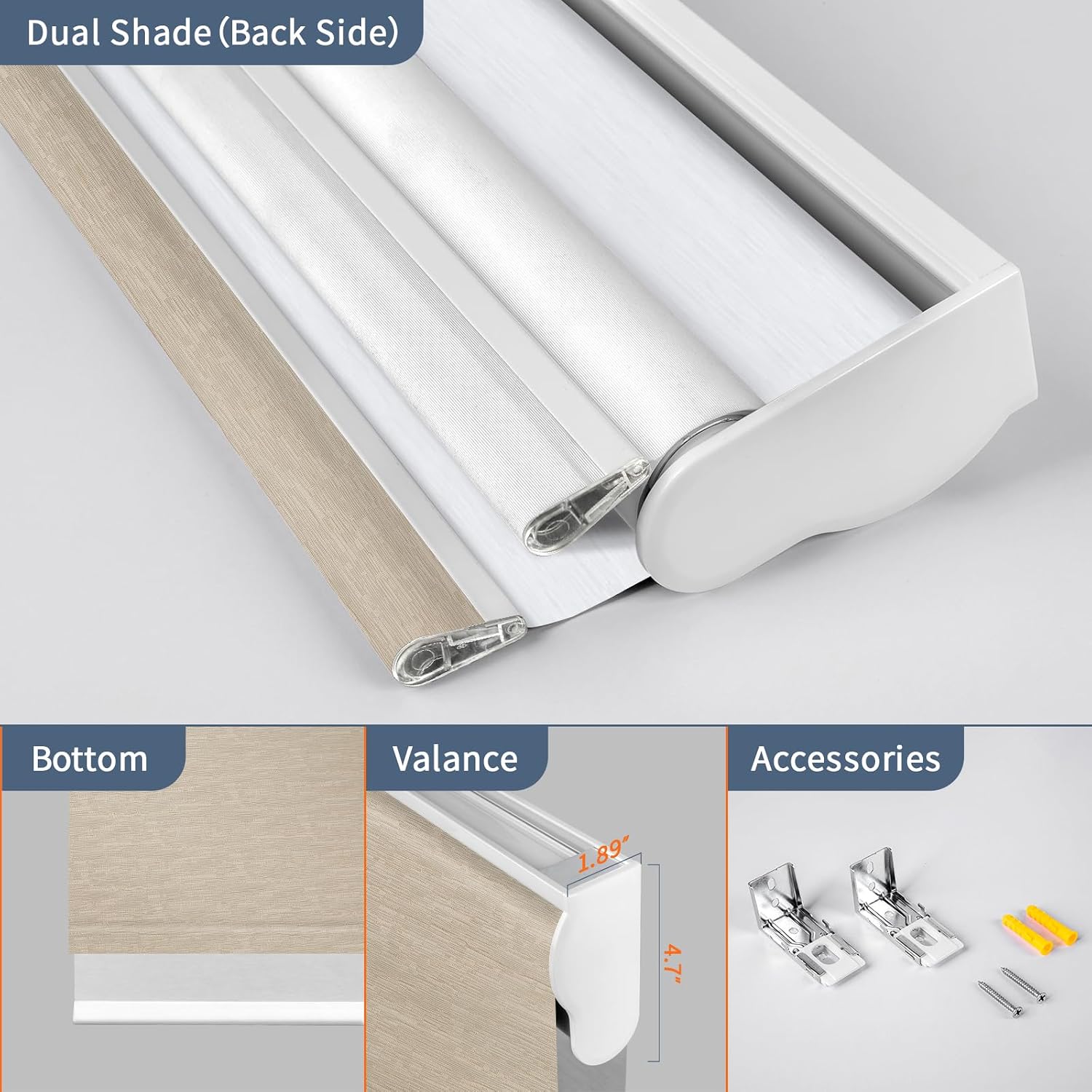 Dual Roller Shades for Windows Custom to 88" Width Day and Night Double Layer Shade Blackout and Light Filtering Blinds with Valance Jacquard Coffee+ Foggy White