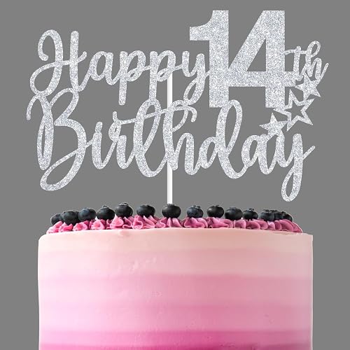 Sliver Glitter Happy 14th Birthday Cake Topper, Cheers to 14 Years/Hello 14/Leve
