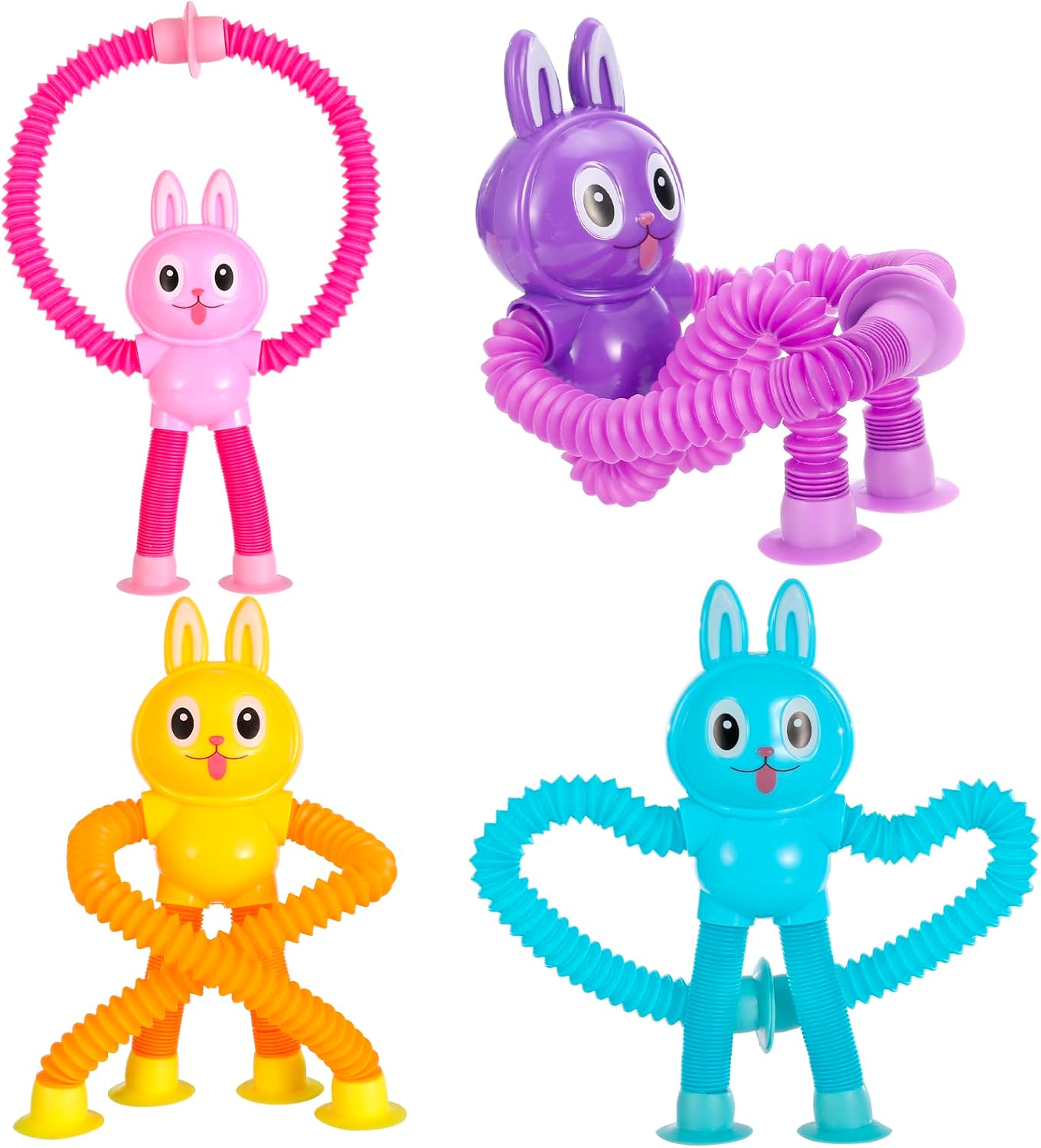 XONTEUS 4 Pcs Pop Tubes Bunny Travel Toys, Telescopic Suction Cup Sensory Fidget Toys Airplane & Travel Road Trip Car, Screen-Free Activity for Boy & Girl, Christmas Stocking Stuffers for Kids