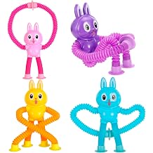XONTEUS 4 Pcs Pop Tubes Bunny Travel Toys, Telescopic Suction Cup Sensory Fidget Toys Airplane &amp; Travel Road Trip Car, Screen-Free Activity for Boy &amp; Girl, Christmas Stocking Stuffers for Kids