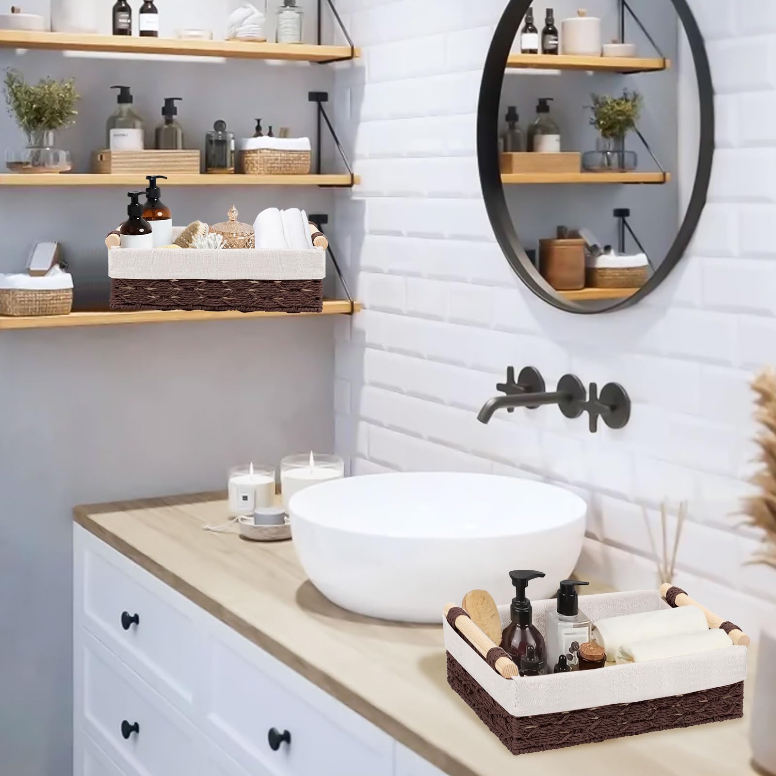 Cestini Bagno Portaoggetti, Set di 2 Cesto Portaoggetti Intrecciato con Maniglia, Cestino Vimini Piccolo, Scatola di Stoccaggio del Bagno, Impilabile, Adatti per Bagno, Camera da Letto e Armadi