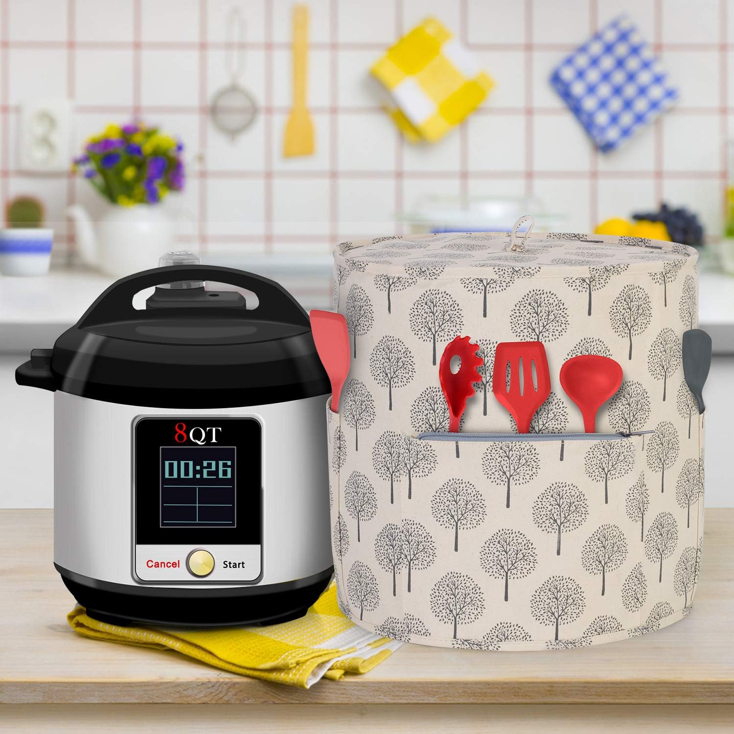 Yarwo Dust Cover Compatible with 8 qt Instant Pot, Protective Cover with Pockets and Top Handle for 8 Quart Pressure Cooker and Kitchen Tools, Tree