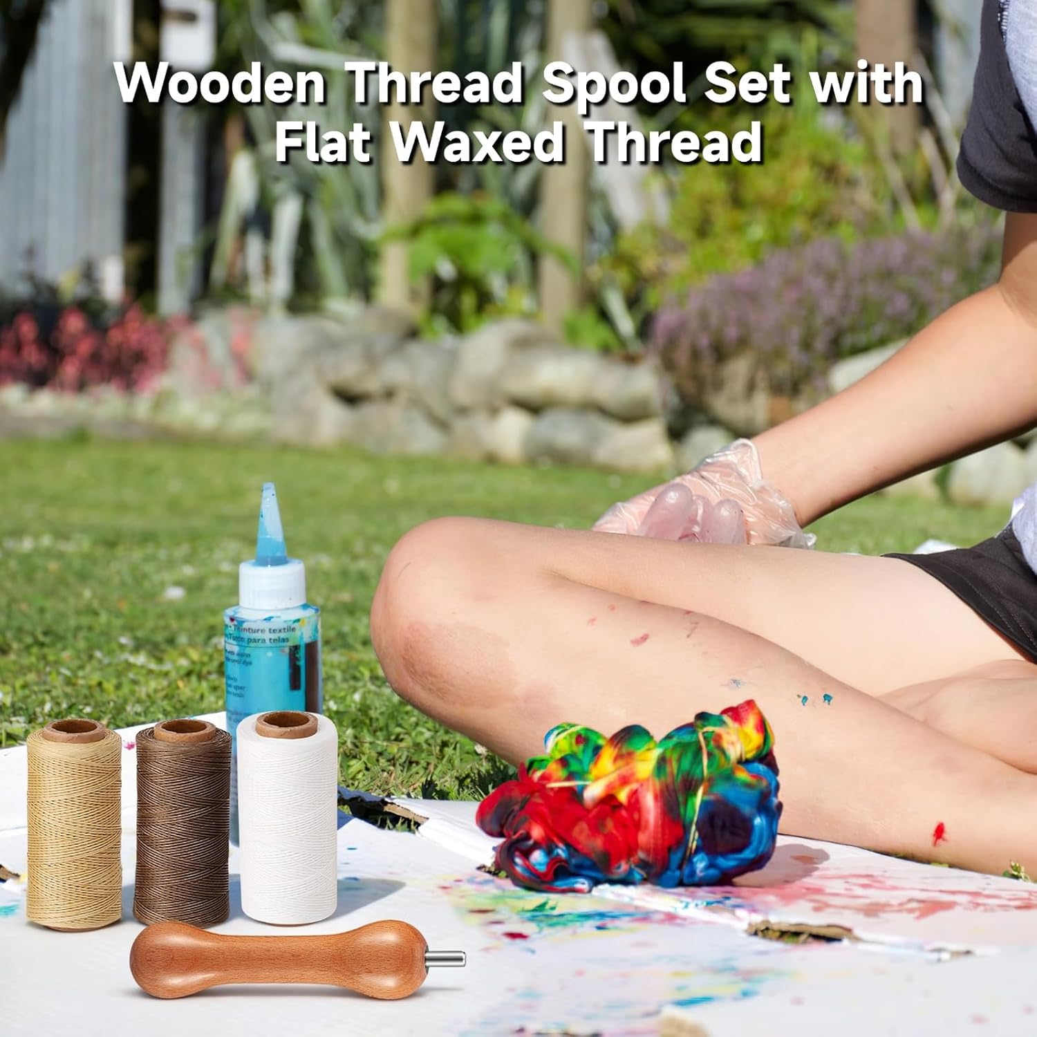3 Pcs Wooden Thread Spool Set with Flat Waxed Thread, Includes White, Brown, Beige and 6 in Thread Winder, DIY Tie Dye Stretching Tools for Adult Beginner Clothing Design Staining Craft Textile Art