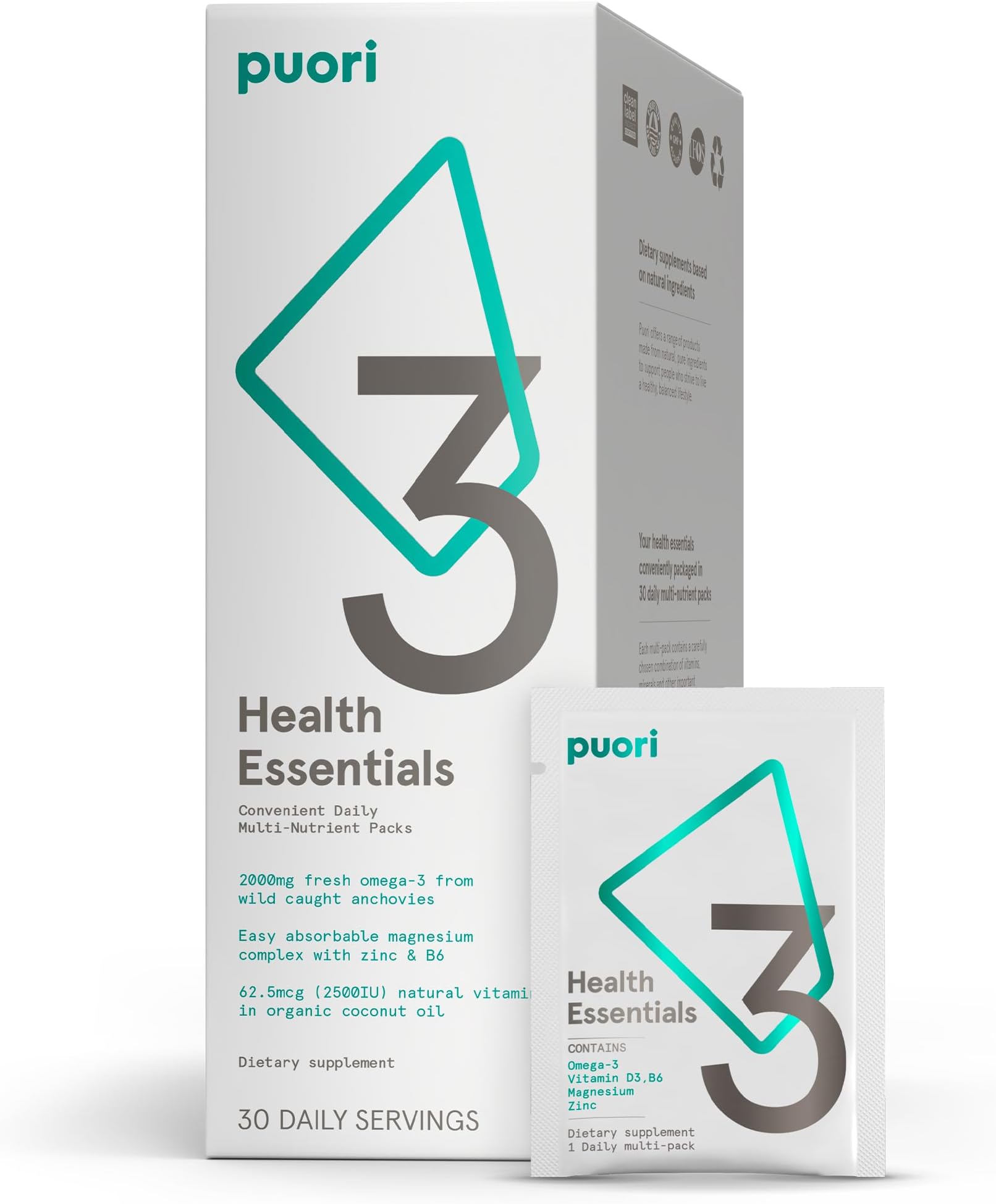 Puori P3 Health Essentials with Magnesium Zinc Complex, Omega 3 Fish Oil & Vitamin D3 Supplements - Men & Womens Daily Multi-Vitamins for Immune System Support & Overall Health - 30 Servings