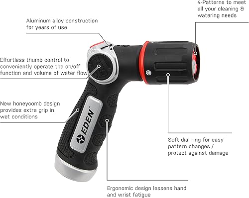 Miniatura 2 de Eden 94827 Boquilla de Manguera de Jardín de Metal Resistente con Control de Pulgar de 4 Patrones con Juego de Conectores Rápidos, Rociador de