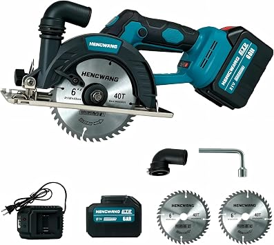 6-Inch Cordless Mini Circular Saw, 21v 6.0ah Battery, 3-Speed Adjustable up to 6000 Rpm, Max Cut 2.2" At 90, 0-45 Bevel, 2 Blades & Fast Charger, For Wood/Aluminum/Plastic