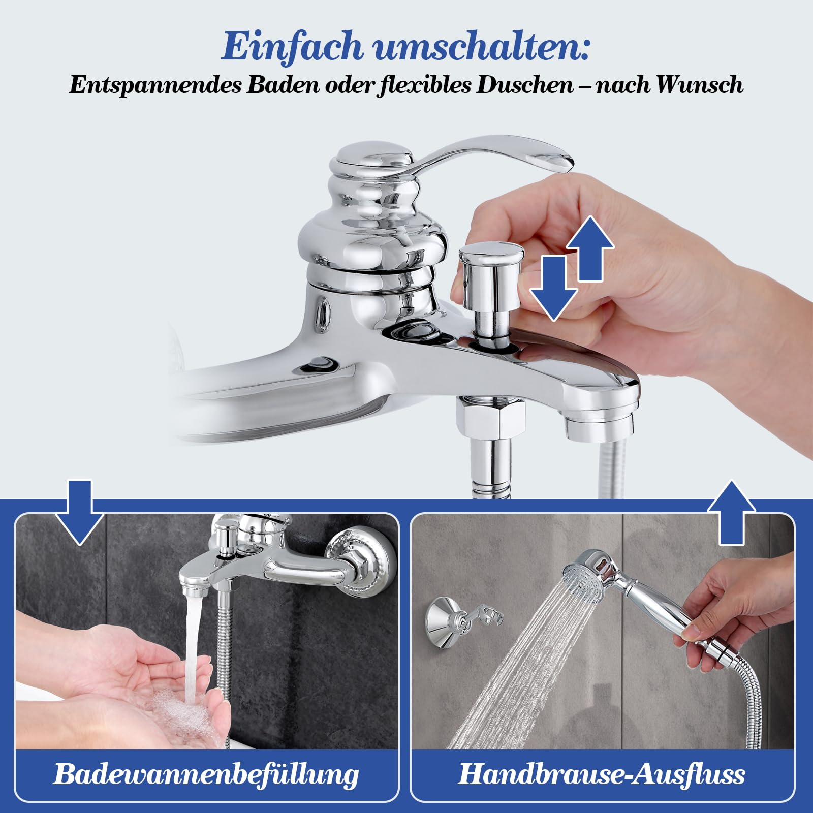 Badewannenarmatur mit Handbrause, Retro Messing Mischbatterie Badewanne Einhebelmischer mit Schlauch und Wandhalterung, Wandmontage Bad Armatur Dusche Antik Wannenarmatur für Badezimmer, Chrom