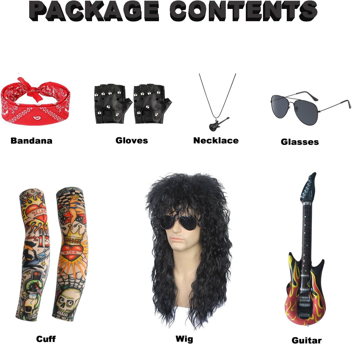 7 Pcs 80s Outfit for Men Funny Halloween Costumes Rockstar Costume Punk Costume Accessories