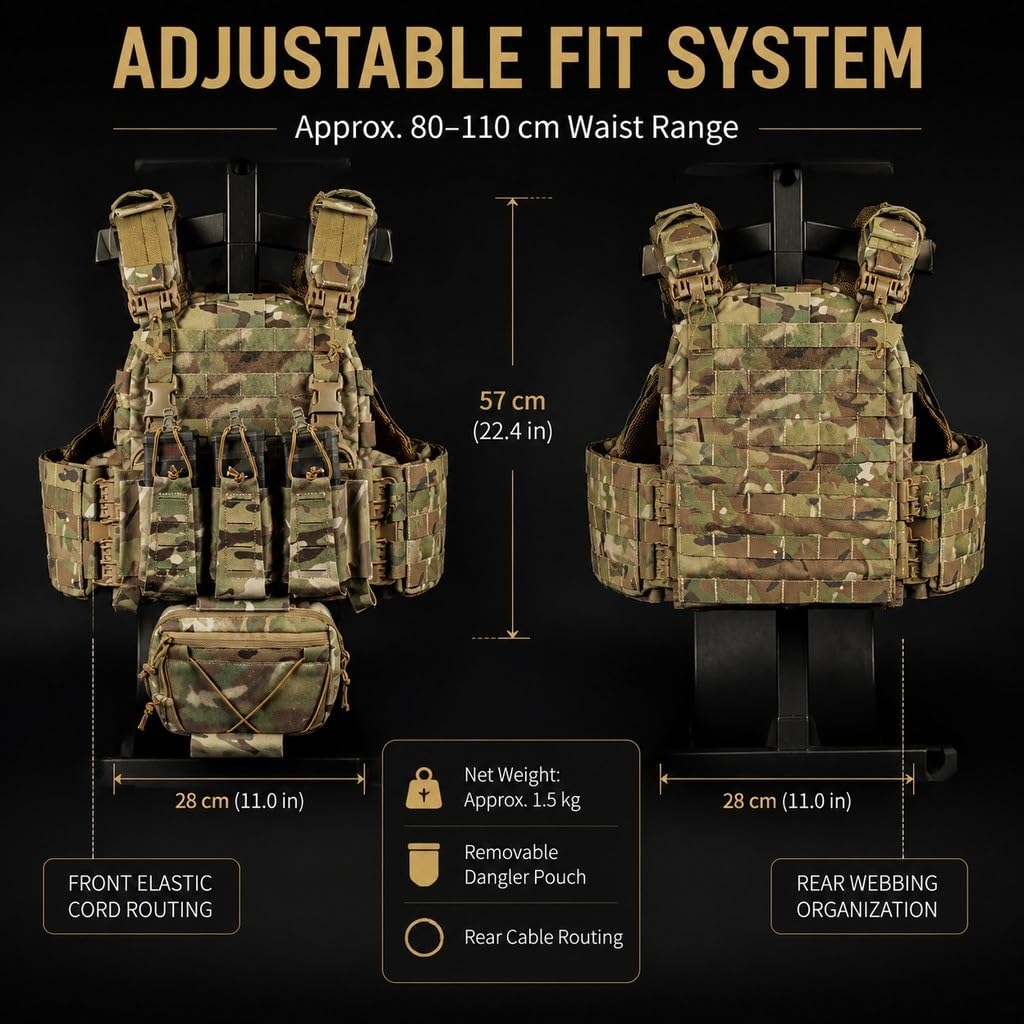 Chaleco Táctico ARC, Tubos Dobles, Liberación Rápida, MOLLE, Panel Triple Mag, Bolsa Desmontable, Cintura Ajustable