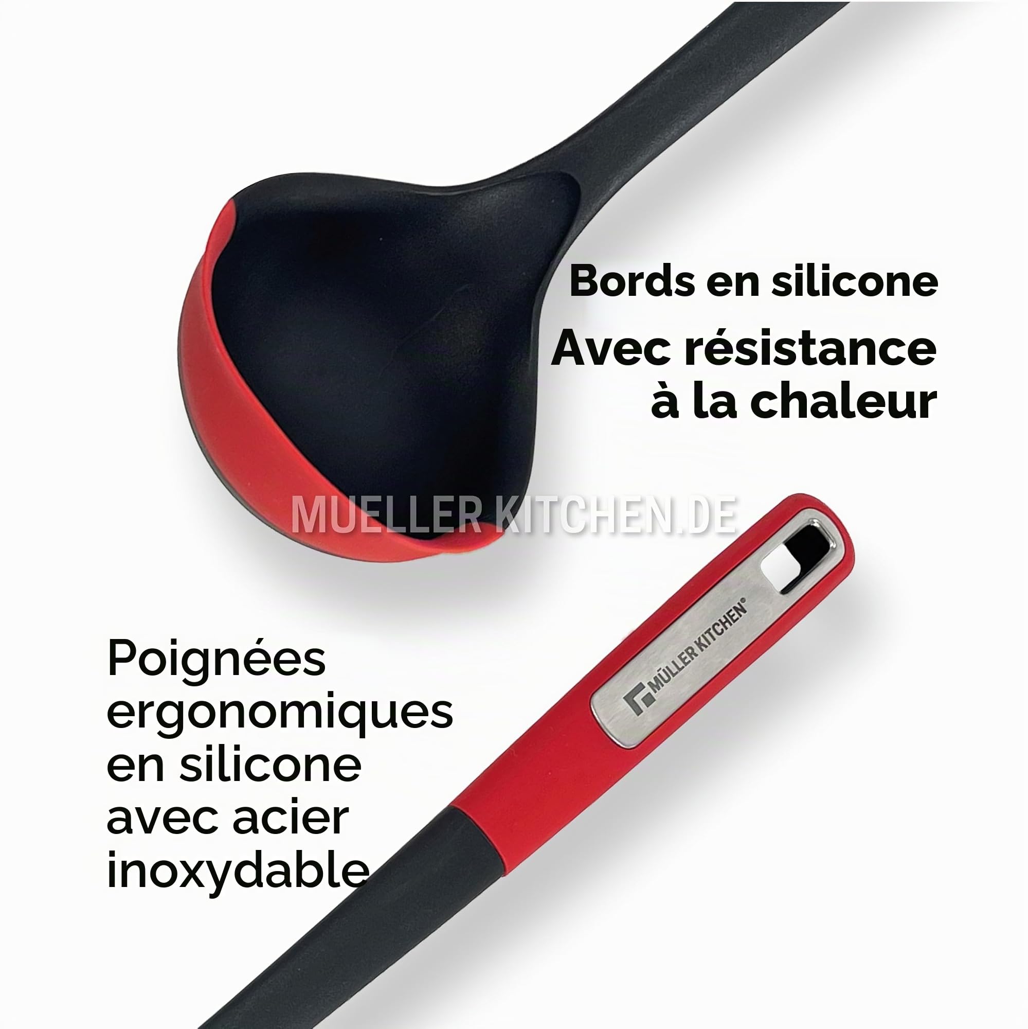 Muller Kitchen MK-1611 Kitchen Utensil Set (7-Piece with Silicone Edges, 360° Rotating Stand, Ergonomic Rubber and Stainless Steel Handles, for Nonstick Cookware)