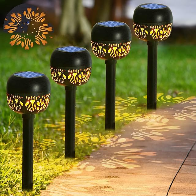 4 Pcs Solar Garden Lights Outdoor, Solar Powered Dancing Flame Torch Lights IP65 Waterproof 24 Lumen Auto ON/Off Pathway Lights for Garden//Yard/Driveway/Pathway/Hollenween