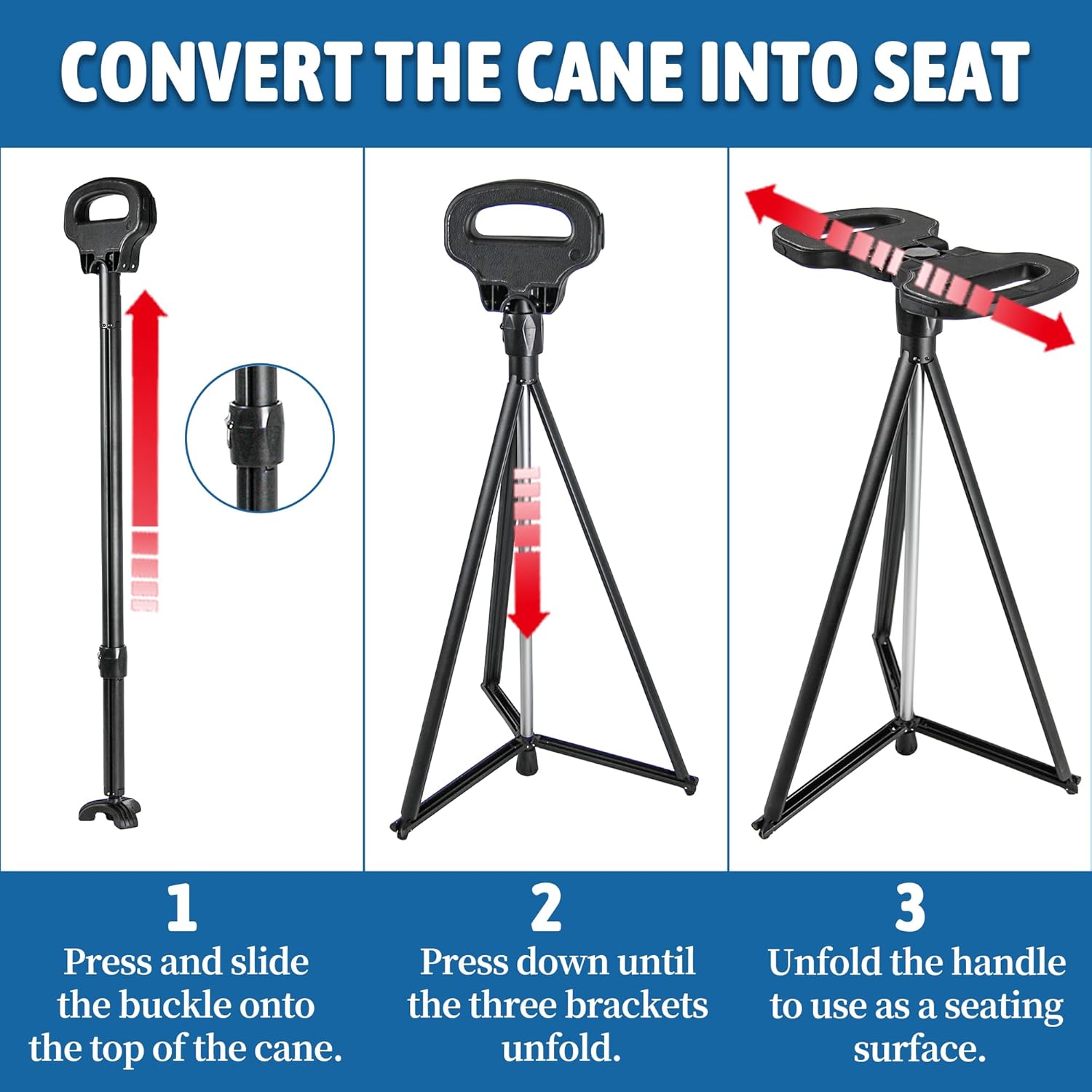 ALEVMOOM Walking Cane with Seat Folding Lightweight, 2-in-1 Cane Stool for Adults, Aluminum Walking Stick with Seat, Capacity 330lb Portable Stool for Senior, with Carry Bag-Black
