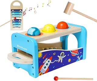 Eapura Hammering & Pounding Toys with 3 Wooden Ball Toy for Toddler，Wooden Montessori Baby Musical Toys with Hammer and Slide Out Xylophone for Toddlers