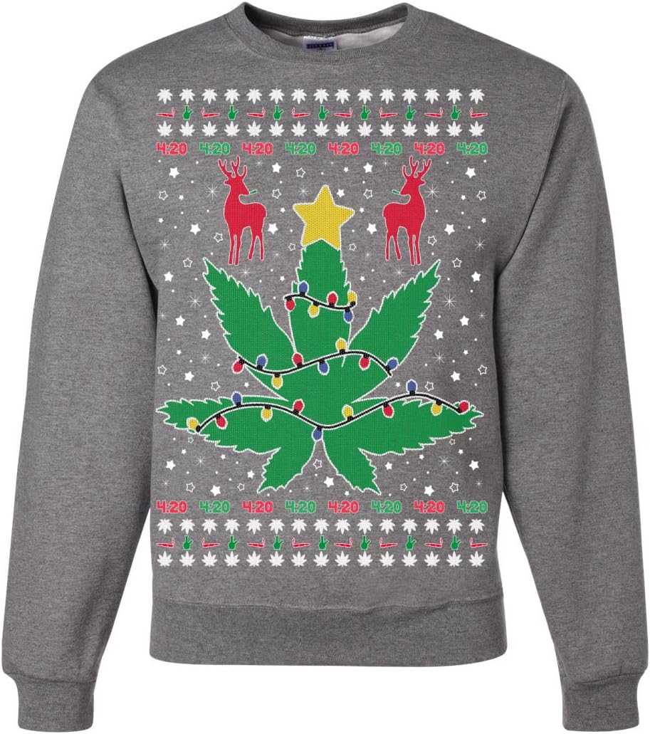 Wild Bobby Funny 4/20 Weed Marijuana Lit Deer Pot Leaf Xmas Lights Ugly Christmas Sweater Unisex Crewneck Sweatshirt