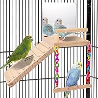KyoukiBird Wooden Perch Platform Bird Toy with Mirror, Ladder & Swing - Safe Cage Accessories for Budgies, Cockatiels, Lovebirds, Parakeets & Finches