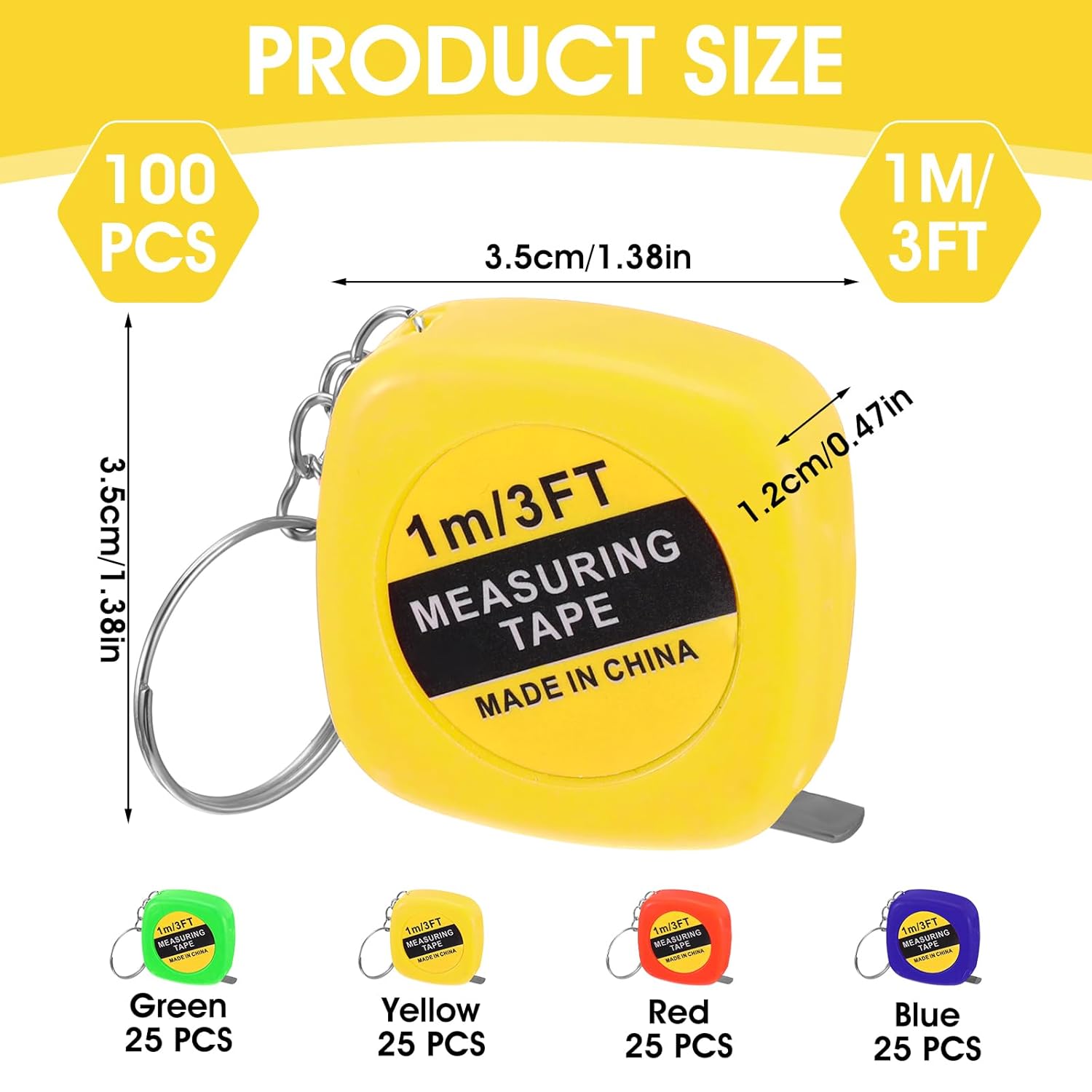 100pcs Tape Measure Keychain Bulk Retractable Mini Tape Measure Inch/Metric Scale Portable Pocket Key Chain Small Measuring Tapes for Construction Party Favors Bag Filler Prize DIY Projects 4 Colors