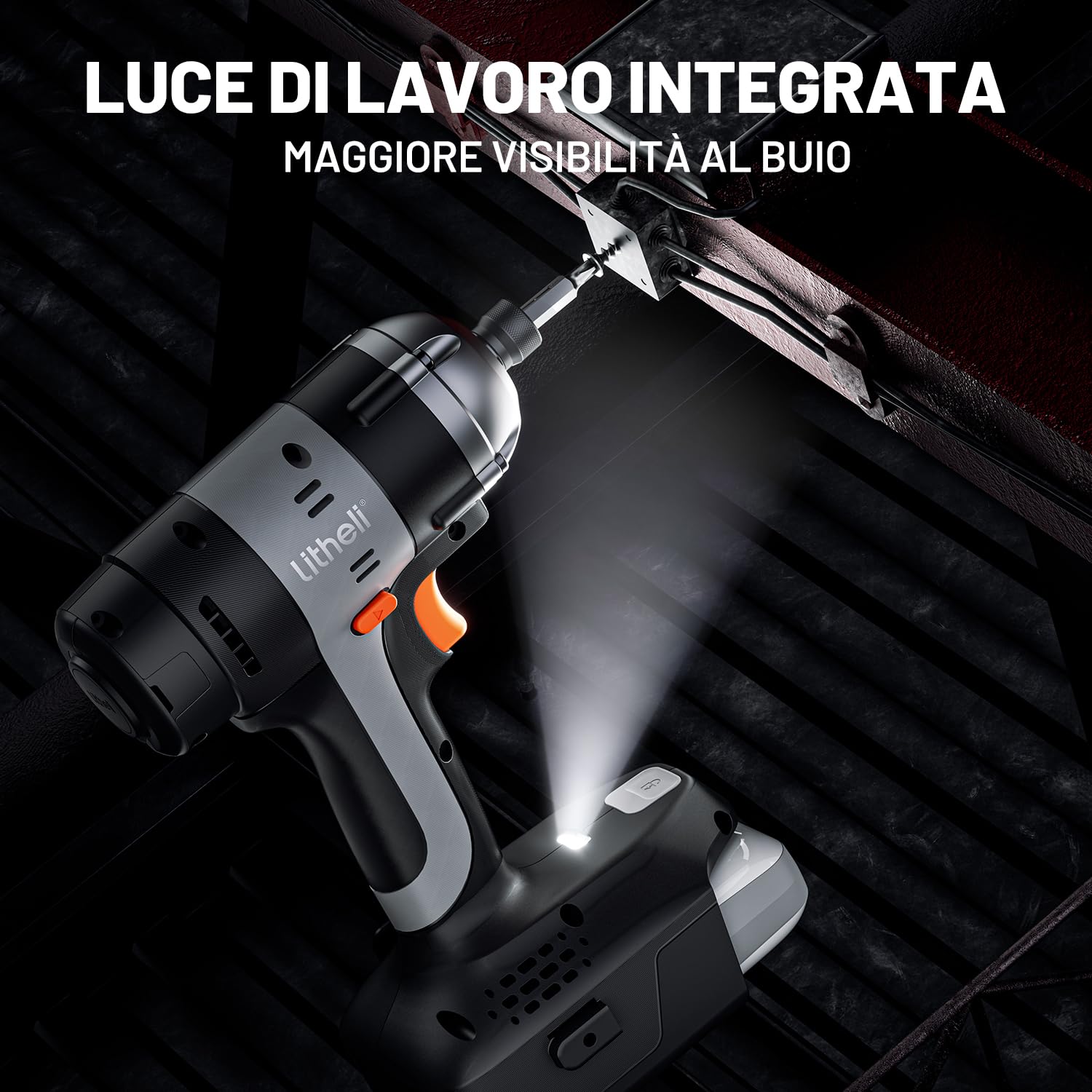 Litheli Trapano avvitatore a percussione, 1/4", attacco esagonale a batteria, con batteria da 20 V, 2,0 Ah, 180 Nm, 3000IPM, incluso LED, clip per cintura e 21 accessori