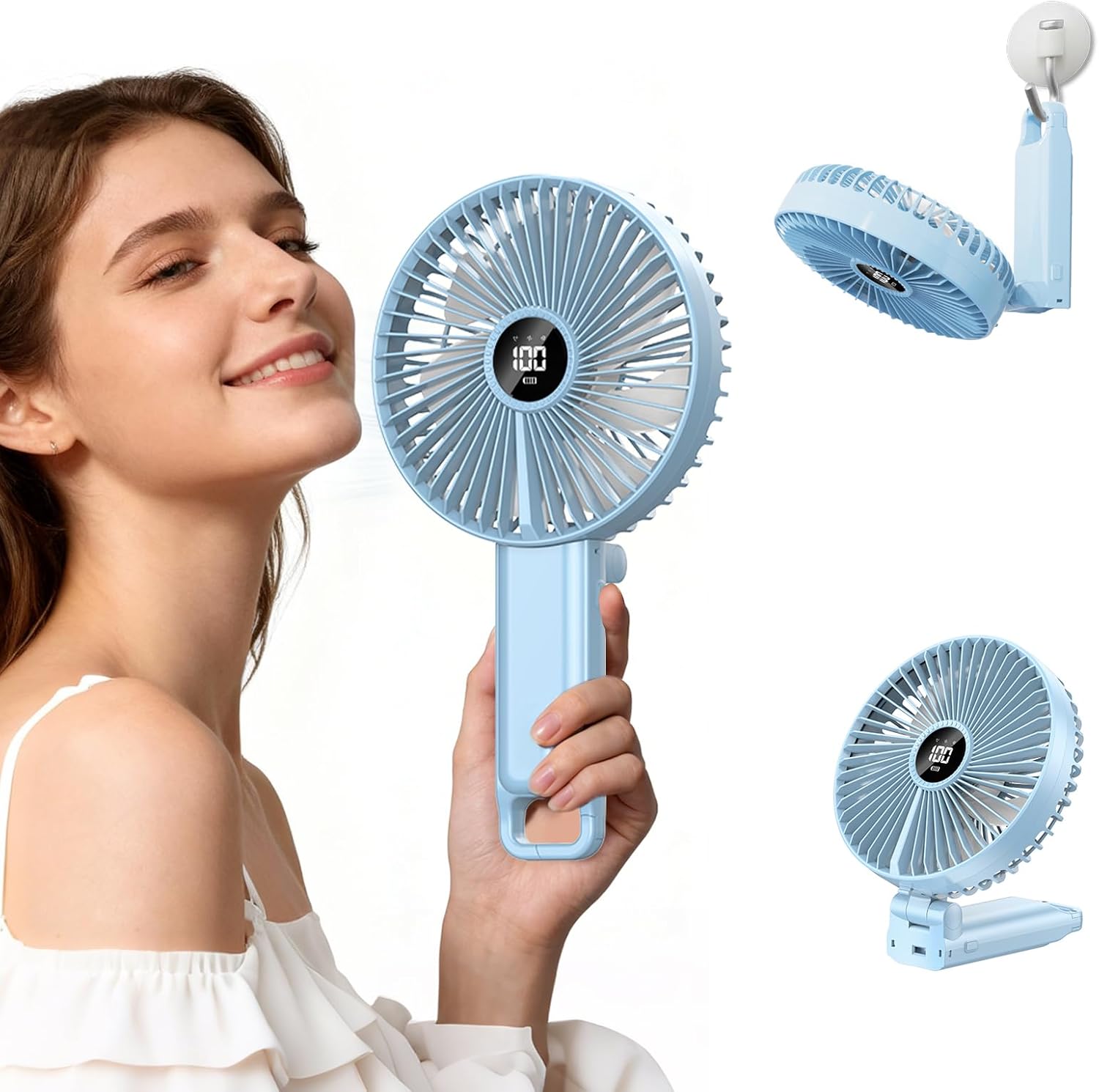 Large Portable Hand Fan, 6 inch Blades, High Airflow with 5 Speeds & LED Display, 180° Foldable Desk/Handheld/Travel Fan with Hook Design, Up to 8.5H Working Time for Indoor Outdoor Travel Office