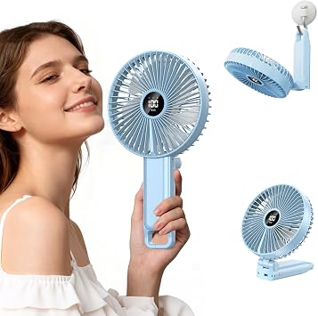 JODNO 6 Inch Large Handheld Fan with LED Display, 180 Foldable Personal Fan [Strong Airflow], 5 Speeds USB Rechargeable Battery Operated Portable Desk Fan with Hook for Travel, Office, Camping