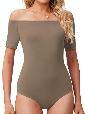 LAOALSI Womens Off Shoulder Bodysuit Short Sleeve Slim Fit Casual Basic Body suit Tops T Shirts