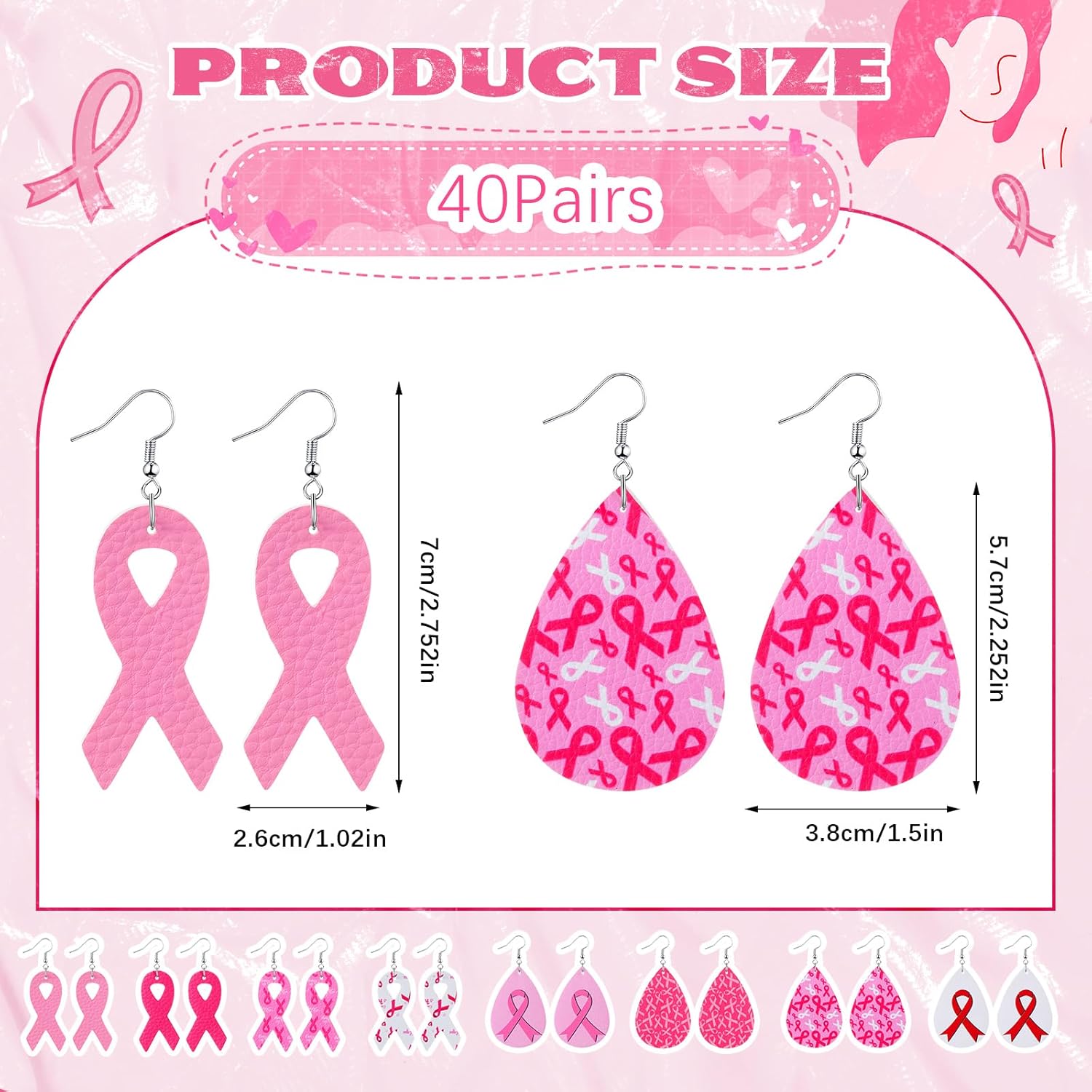 40 Pairs Breast Cancer Awareness Earrings for Women Lightweight PU Leather Pink Ribbon Earrings Teardrop Women's Drop Dangle Earrings Bulk for Women Support Statement Jewelry, 8 Styles - Image 2