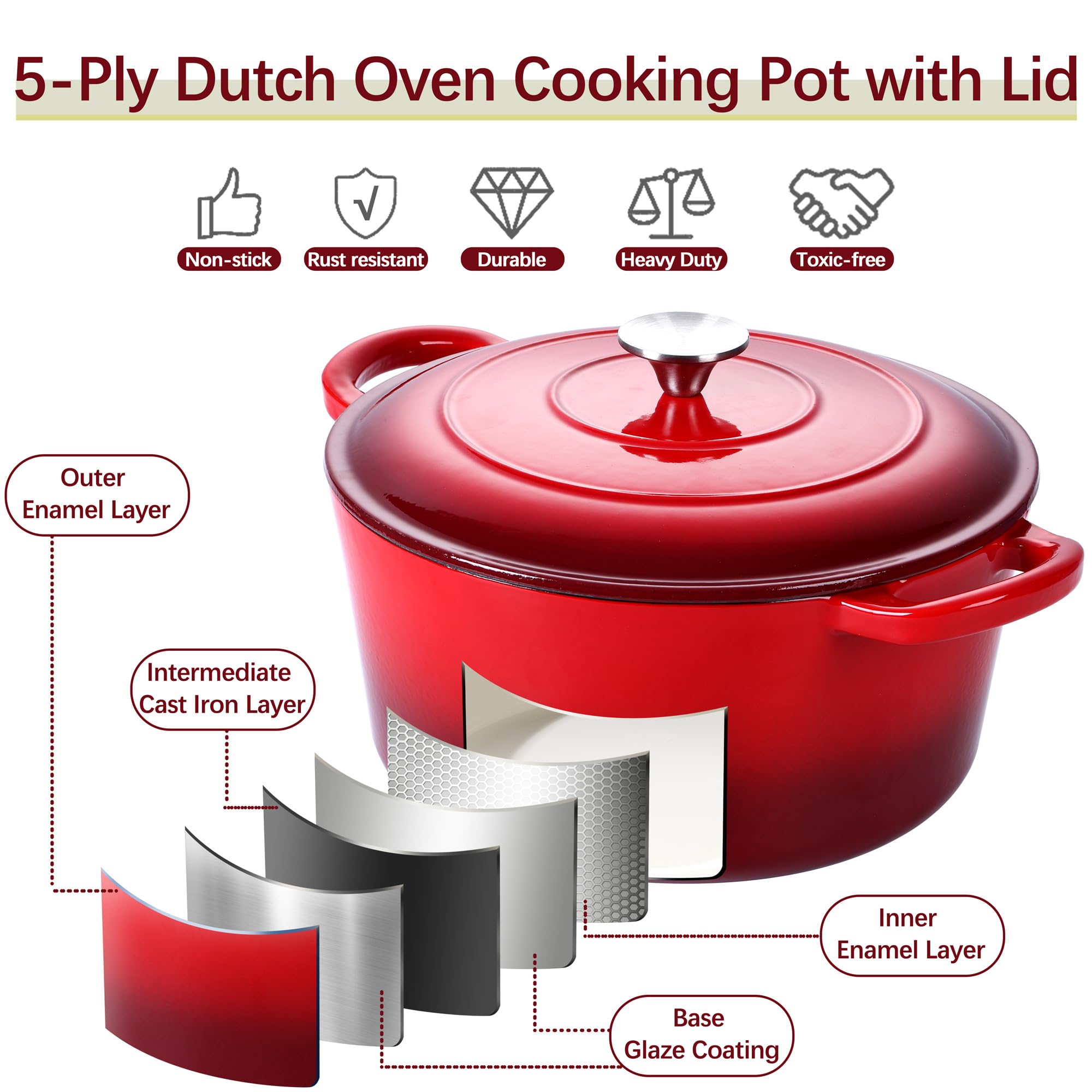 E-far Forno olandese smaltato 7QT, pentola rotonda in ghisa olandese con coperchio per cuocere pane/brasare/arrostire/stufare, pentole antiaderenti resistenti sicure per induzione e forno, rosso